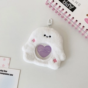 Detail of cute white plush ghost storage bag with 58mm badge window and star embroidery