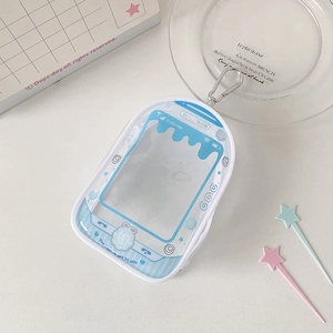 Close-up of PVC transparent doll storage bag with phone UI design and silver hook