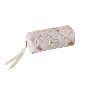 Quilted pink pencil case with floral bears and hisocute embroidery on white background