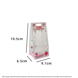 Pink strawberry PVC doll bag with dimensions 19.5cm x 6.5cm x 9.1cm and top handle