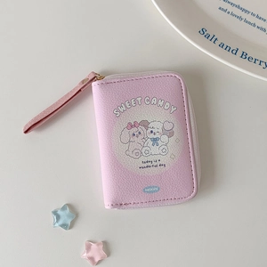 Pink PU leather coin purse with cartoon dog print and matching wristlet strap