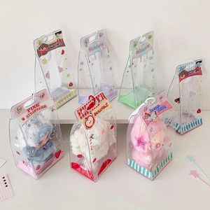 Cute plush dolls in transparent PVC storage bags with cartoon prints and top handle