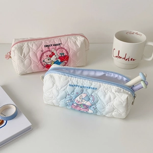 Quilted heart pattern pencil case with cute rabbit cartoon and zipper closure for students
