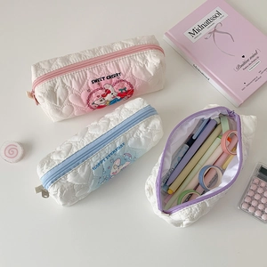 Quilted Pencil Case Heart Pattern Cartoon Rabbit Polyester Large Capacity Zipper Stationery Organizer For Students Girls