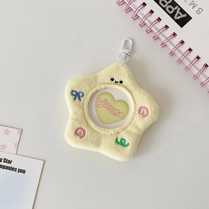 Star-shaped plush card holder with heart window and white clip for 58mm badges