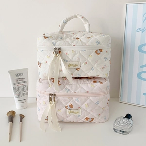 Dettaglio dei beauty case trapuntati con stampe di orsetti e decorazioni con nastro