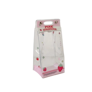 Pink strawberry clear PVC display bag for plush dolls with metal reinforced handles