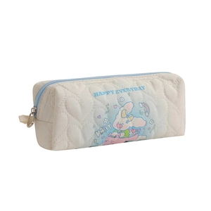 Quilted white pencil case with heart stitching, blue zipper, and cartoon rabbit print
