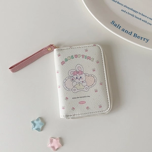 Cute off-white PU leather coin purse with pink rabbit print and wrist strap