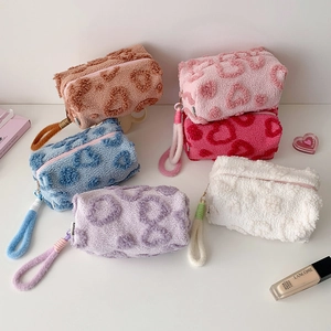Plush Heart Pattern Cosmetic Bag Portable Teddy Fleece Makeup Pouch Zipper Toiletry Organizer Handbag For Women Girls