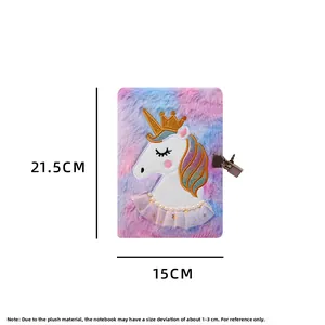Carnet licorne A5 en peluche avec serrure, broderie couronne et jupe tulle, 21,5x15cm