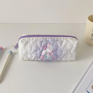 Quilted white pencil case with heart pattern, cute bunny print and purple zipper detail