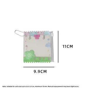 Close-up of a clear PVC card holder with beaded chain, pink bow prints and happiness text