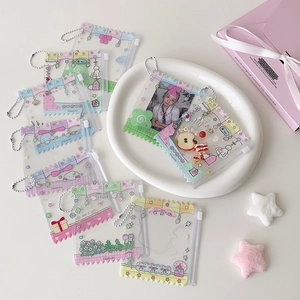 Macro view of clear candy-shaped PVC photo card holder with colorful floral illustrations
