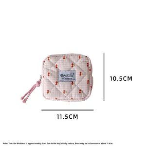 Dettaglio del beauty case in cotone trapuntato rosa con stampa a ciliegie e zip