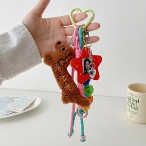 Dettaglio del portachiavi con orsetto di peluche marrone e cornice per foto in acrilico