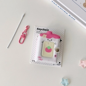 Mini strawberry photocard holder with pink lobster clasp and white bead chain accessories