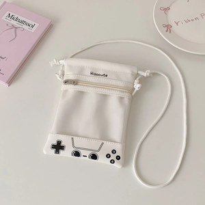 Detail of drawstring doll carrier bag with gamepad print and Hisocute logo design