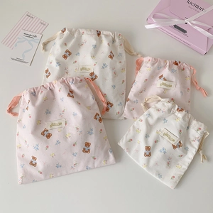 Cute Bear Rabbit Floral Print Drawstring Storage Bag Travel Portable Toiletry Cosmetic Organizer Polyester Pouch For Women