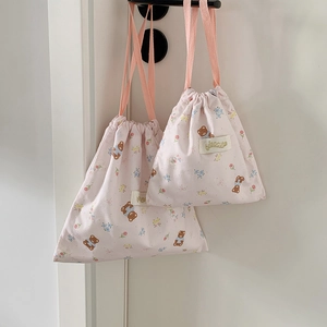 Kawaii floral bear drawstring pouch set with cute pink fabric and portable handles