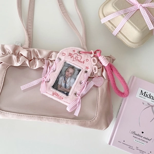 Rosa Satin-Ita-Tasche mit Sichtfenster und Plüsch-Kartenhalter für 3-Zoll-Fotos