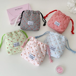 Quilted mini cherry gingham drawstring pouches in five colors for storage