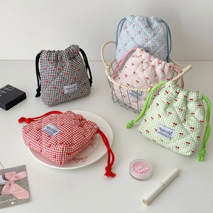 Drawstring Makeup Bag Quilted Cotton Cherry Print Gingham Plaid Travel Portable Toiletry Storage Pouch Cute Korean Style