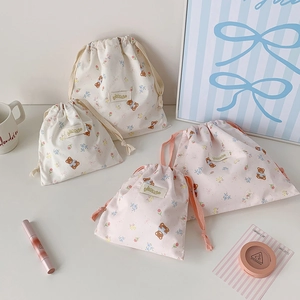 Cute bear and floral drawstring storage bags set of 4 in cream and pink canvas