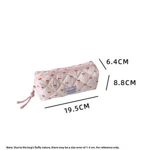 Detailed size chart of the pink quilted cherry pencil case showing 19.5cm length dimensions