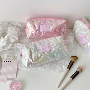 Quilted star pattern makeup bags in pink and silver laser PU leather with top zippers