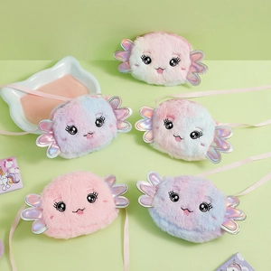 Detailed display of plush axolotl crossbody bags in five vibrant pastel colors