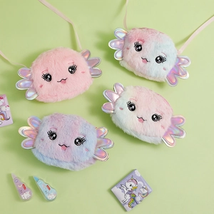 Flat lay of candy-shaped plush crossbody bags with laser wings and cute embroidery