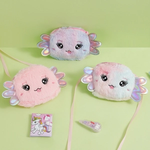 Detailed view of colorful plush axolotl crossbody bags with holographic wings and embroidery