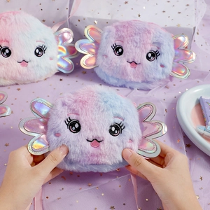 Cute axolotl plush crossbody bag for kids with pink gradient fur and colorful wings