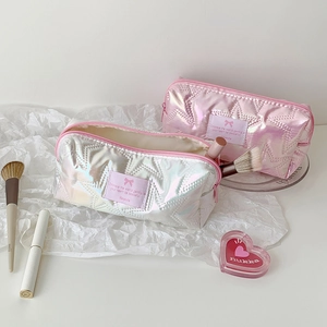 Star-patterned quilted pencil case set in glossy pearl white and pink PU finish