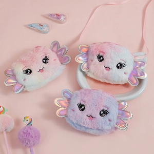 Three gradient plush axolotl purses with big eyes and iridescent fins on pink background