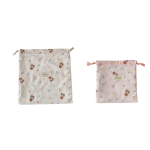 Cute floral bear drawstring bags in cream and pink, set of two portable storage pouches