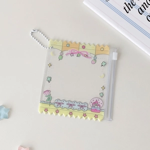 Detailed view of PVC cartoon storage bag with cute ribbon prints and bead chain hanger
