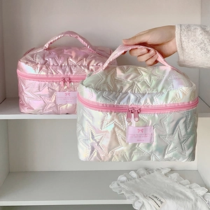 Glossy Star Quilted Makeup Bag Iridescent Large Capacity Toiletry Organizer With Handle For Women Travel Skincare Storage