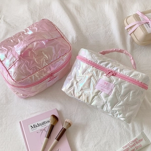 Laser star quilted large capacity cosmetic bag set in pink and white holographic finish