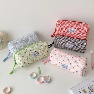 Quilted Cotton Pencil Case Gingham Cherry Print Large Capacity Makeup Bag Cute Student Stationery Organizer Zip Closure
