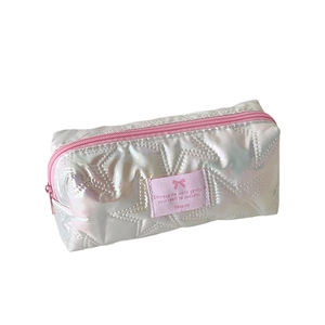 Silver star quilted pencil case with pink zipper and chic bow heart patch