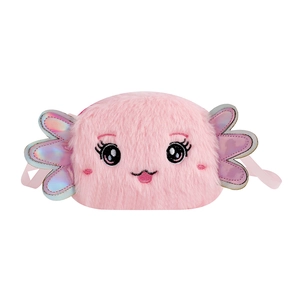 Pink plush axolotl crossbody bag for kids featuring cartoon eyes and iridescent fins