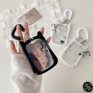 Cat ear clear card holder with spring lanyard and cute charms in black and white