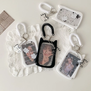 Cute cat-ear photocard holder with spring keychain and acrylic pendant in black and white