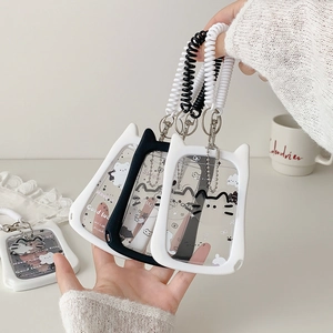 Cute transparent cat ear card holder with spring lanyard and metal chain accessories