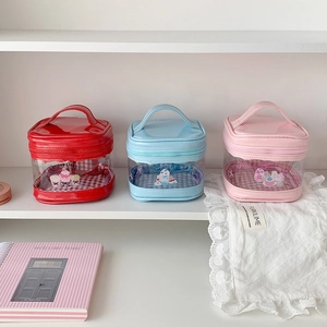 Three colorful waterproof PVC cosmetic bags with cute dessert prints and clear windows