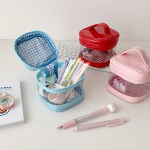 Three-piece set of transparent PVC cosmetic bags with colorful leather trim and top handle