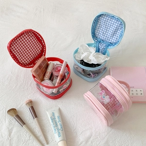 Cute heart-shaped transparent PVC makeup bag with cartoon bear and plaid lining