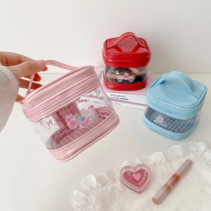 Cute transparent cartoon cosmetic bag with handles and sweet dessert prints for girls